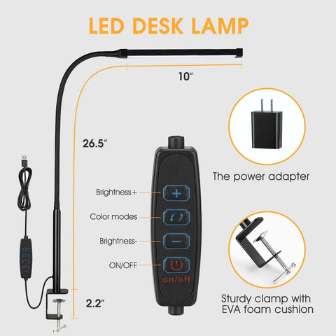 Diagram of Clip On LED Desk Lamp With Dimmable 3 Color Modes And 10 Brightness Levels For Home Office with remote and USB adapter.
