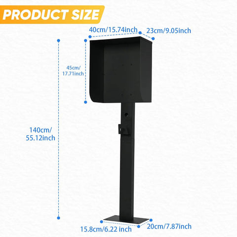 All Weather EV Charger Pedestal With Roof And Side Protection, shown with dimensions in black, ideal for indoor outdoor use