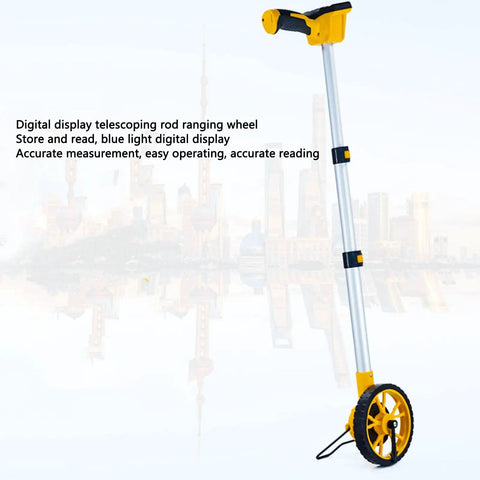 Qinlorgo Digital Display Measuring Wheel for Construction Surveyors & Landscapers, Distance Measure,7 Functions with Metric Imperial Switch,Backlit Screen,100000FT & M shown standing with yellow wheel.