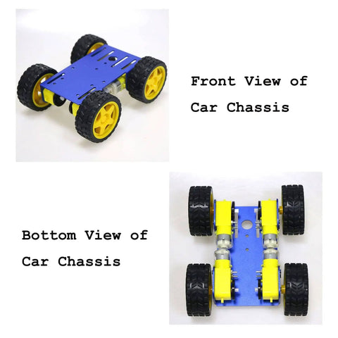 Front and bottom view of Four Wheel Drive Robot Car Chassis Kit With Metal Frame And Four TT Encoder DC Motors For Arduino Raspberry Pi Microbit DIY Remote Control Mobile Robotic Platform For Maker Education And Hands On Projects