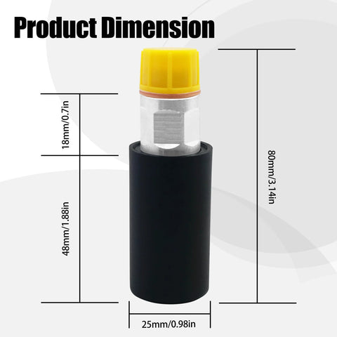 Beefed Up DT466E And DT530E Primer Pump Kit For Heavy Duty Diesels dimensions displayed with yellow cap and black body