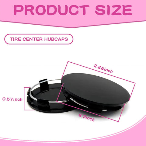 Pack Of Four Black Car Wheel Center Hubcaps Rock Solid Abs Plastic Snap On Rim Covers Universal Fit, showing size dimensions.