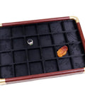 Slick Top Tier Jewelry Display Tray With Heavy Duty Wood Frame And Soft Fabric Lining No Sweat 24 Grid Stackable Organizer For Rings Earrings Necklaces Retail Ready Storage Case Black with ring and pendant visible.