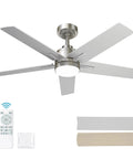 52 Inch Brushed Nickel Ceiling Fan With Integrated Light And Remote featuring sleek blades and smart remote, ideal for living rooms or patios.
