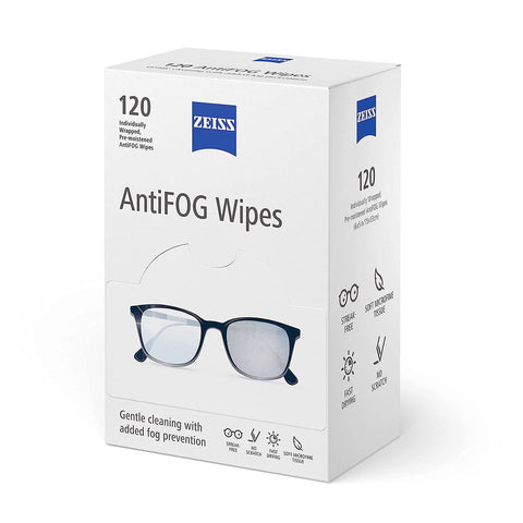 Front view of ZEISS AntiFOG Wipes box, 120-count, pre-moistened eyewear wipes