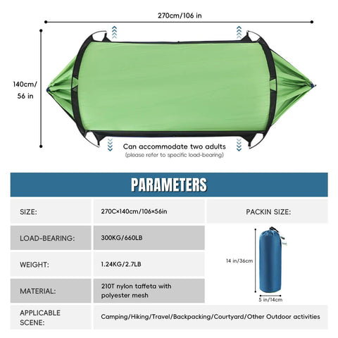 Top view of Double Camping Hammock With Mosquito Net Ultra Lightweight Portable 210T Nylon Rain And Sun Shield layout and dimensions