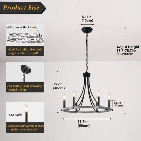 Farmhouse Wagon Wheel Chandelier 20 Inch Black Brown Iron With 6 Lights Round Rustic Kitchen Island Pendant Light For Dining Room Barn Chic Farmhouse Style Ceiling Fixture dimensions and details