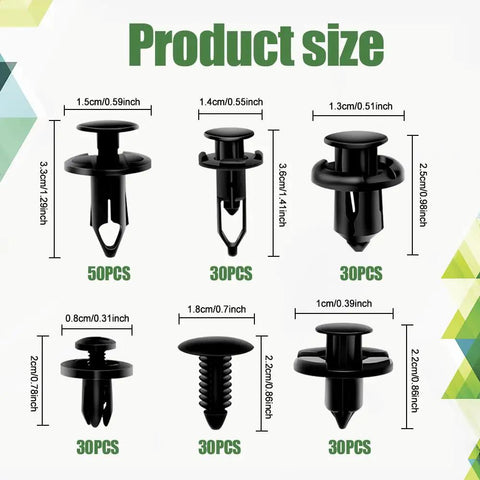 Universal Car Retainer Clips Kit With 200 Pcs Nylon Fasteners product size guide showing different clip dimensions and quantities