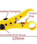 Coax Cable Crimping And Stripping Kit For RG6 RG59 RG11 Coaxial Cables with adjustable yellow stripper tool, labeled parts visible