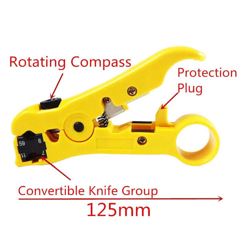 Coax Cable Crimping And Stripping Kit For RG6 RG59 RG11 Coaxial Cables with adjustable yellow stripper tool, labeled parts visible