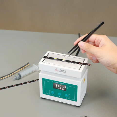Mini Soldering Hot Plate for SMD Rework, Adjustable Temperature 50 to 400C with ESD Tweezers in Use, PID Control Displayed