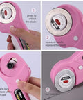 Pink Rotating Cutting Tool Set With Five Extra Blades And Pens Ergonomic Handle Tools With Safety Lock And Twenty Sewing Clips For Fabrics Leather And Crafts Sewing For Do It Yourselfers, showing close-up of 45mm rotary cutter with instructions.
