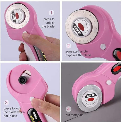 Pink Rotating Cutting Tool Set With Five Extra Blades And Pens Ergonomic Handle Tools With Safety Lock And Twenty Sewing Clips For Fabrics Leather And Crafts Sewing For Do It Yourselfers, showing close-up of 45mm rotary cutter with instructions.