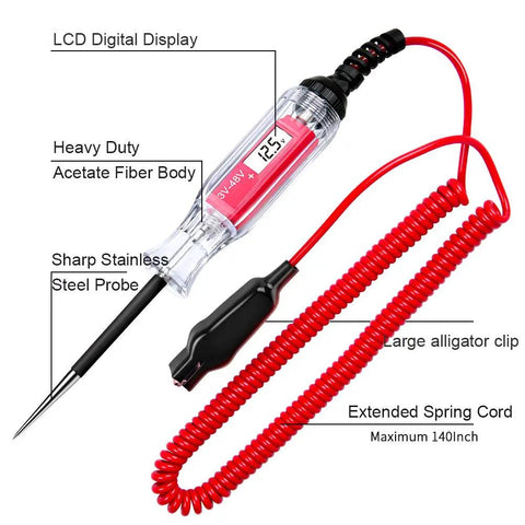Beast Of A Heavy Duty 3 To 48V Digital LCD Circuit Tester with 140 Inch Extended Spring Wire and stainless probe