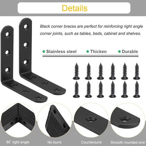 10Pcs Black L Bracket Corner Braces 4 Inch Stainless Steel Heavy Duty Shelf Brackets For Wood And Shelves Wall Mount