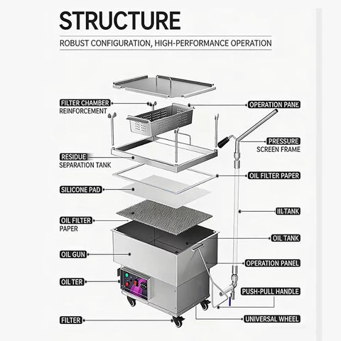 Diagram of Built Tough Commercial Fryer Oil Filter Machine With Five Layer Stainless Steel Cartridge and Quick Automatic Return Flow.