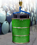 Amarite Drum Lifter, vertical drum clamp in blue lifting a green 55-gallon steel drum.