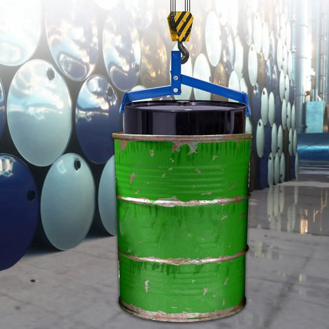 Amarite Drum Lifter, vertical drum clamp in blue lifting a green 55-gallon steel drum.