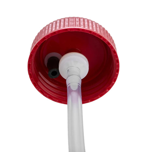 Brake Bleeder Bottle With Magnet And Check Valve 16 Oz Capacity 12 Inch Flexible Hose Fits Most Bleeder Valves Universal Fit For One Person Brake Bleeding Keeps Air Out White close-up of red cap, check valve, and hose