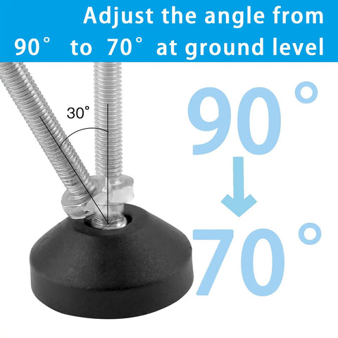 Shop Grade Adjustable Leveling Feet With T Nut Bolts, Four Pack Rubber Cushioned Bases, M8 Thread Kit showing angle adjustment from 90° to 70°.