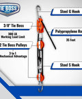 Self Locking Block and Tackle Hoist System With 35 Ft Polypropylene Rope, 300 Lb Capacity showing steel hooks and pulleys