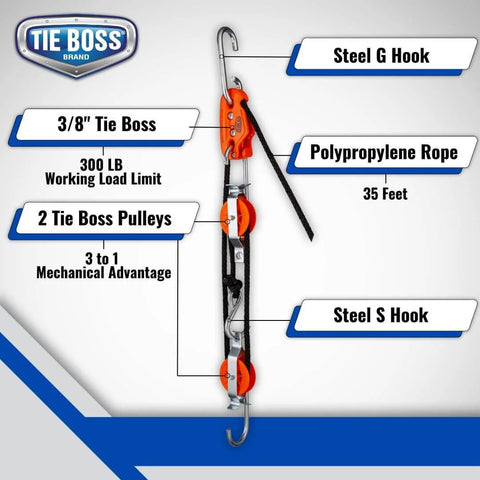 Self Locking Block and Tackle Hoist System With 35 Ft Polypropylene Rope, 300 Lb Capacity showing steel hooks and pulleys