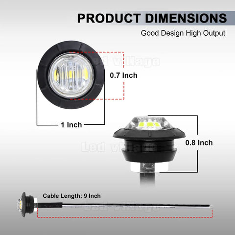 Dimensions of 100 Pack Three Quarter Inch Clear Lens White LED Bullet Side Marker Lights with Rubber Grommet 12V DC shown
