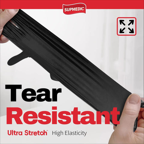 Supmedic black nitrile exam glove; close-up of a stretched disposable medical glove, X-Large, 5 mil.