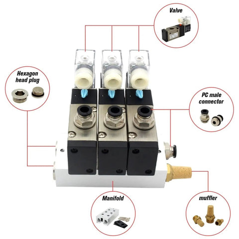 Heavy Duty 3V310-10 Solenoid Valve With 12mm Fittings Works On AC220V DC12V 24V AC110V For Pneumatic Components And Reversing Systems close-up showing valve, connectors, and manifold.