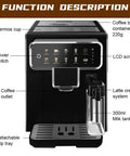 Top Shelf Fully Automatic Espresso Machine With Built In Grinder One Touch Cappuccino Latte features thermos cup and LCD screen.