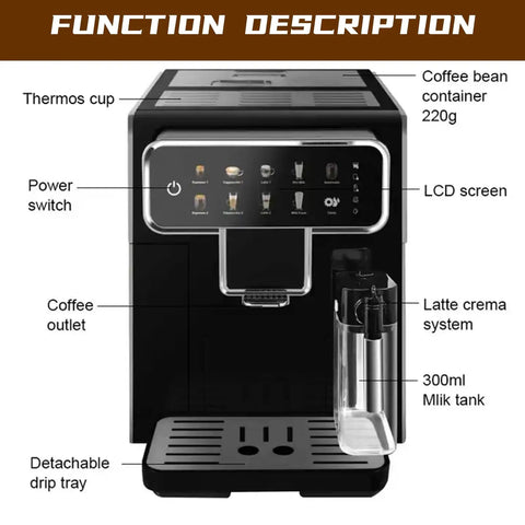 Top Shelf Fully Automatic Espresso Machine With Built In Grinder One Touch Cappuccino Latte features thermos cup and LCD screen.