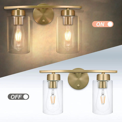 Two Light Brass Gold Bathroom Vanity Lights Over Mirror With Glass Shades Modern Curved Wall Sconce Fixtures For Home Bath Brighten Your Space With Lit Luxe Style And Easy Mounting