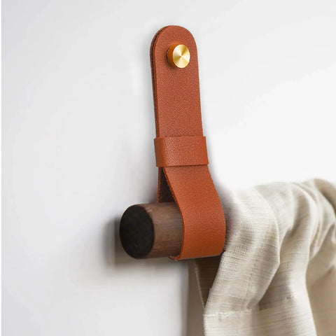 Six Piece Robust Leather Curtain Rod Holders With Universal Wall Mount Kits For Towel Bars And Fresh Home Decor Looks Featuring Zero Hassle Screws That Actually Deliver Top Shelf Quality with brown leather strap and gold button.