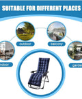 Comfy Patio Chaise Lounger Cushion With Thick Padding And Six Tie Straps For Lounge Chairs And Swing Benches Navy Blue displayed in varied settings.