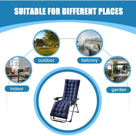 Comfy Patio Chaise Lounger Cushion With Thick Padding And Six Tie Straps For Lounge Chairs And Swing Benches Navy Blue displayed in varied settings.