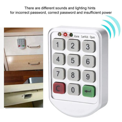 Code Lock Keypad Cabinet Lock with ABS plastic panel installed on drawer, showing numeric keypad, supports temporary or fixed passwords.