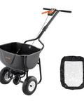 Walk Behind Broadcast Spreader For Lawn And Garden, 60 Lb Capacity, Adjustable Spreading From 0 To 9.8 Feet, black spreader with cover