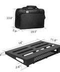 Black Gig Ready 18 By 11.8 Inch Guitar Pedal Board With Built In Power Supply Tray and Carry Bag, dimensions shown, SPB-18S