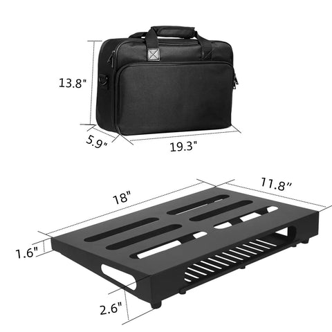 Black Gig Ready 18 By 11.8 Inch Guitar Pedal Board With Built In Power Supply Tray and Carry Bag, dimensions shown, SPB-18S