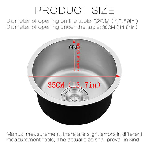 Round Stainless Steel Kitchen Sink 11.8 Inch Undermount Drop In Single Basin Bar Sink SUS304 with measurements shown