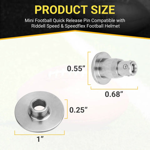 Mini Helmet Visor Quick Release Pin Repair Kit for Football Facemask Fix showing dimensions and Riddell compatibility