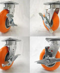 Close-up of Heavy Duty Kingpinless Swivel Caster Set Of Four With Solid Foot Brakes 6 Inch Orange Polyurethane Wheels.