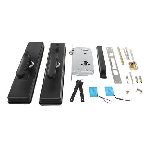 Slick Smart Fingerprint Door Lock And Keyless Entry Deadbolt Handle Crafted From Heavy Duty Aluminum Alloy parts and tools layout.