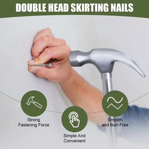 Demonstration of Double Headed Skirting Nails With Six Sleeve Tools for invisible seamless baseboard installation and trim using a hammer.