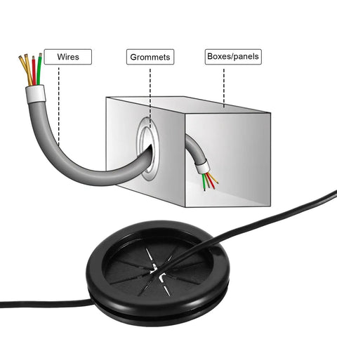 Illustration showing 4 Pack Heavy Duty Rubber Grommets For Wiring, 2 Inch Black Firewall Plug Insert for cable protection.
