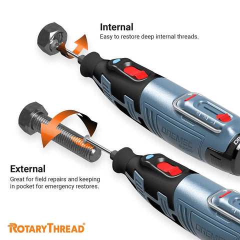Ultimate Rotary Thread Repair Kit Set For Internal And External Threads fixing bolts using Dremel rotary tool, showing usage steps.