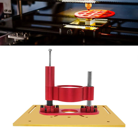 Router Lift System Kit With Bulletproof Base Plate Insert For Woodshop Tables Precise Bit Adjustment Heavy Duty Red and Gold Build.