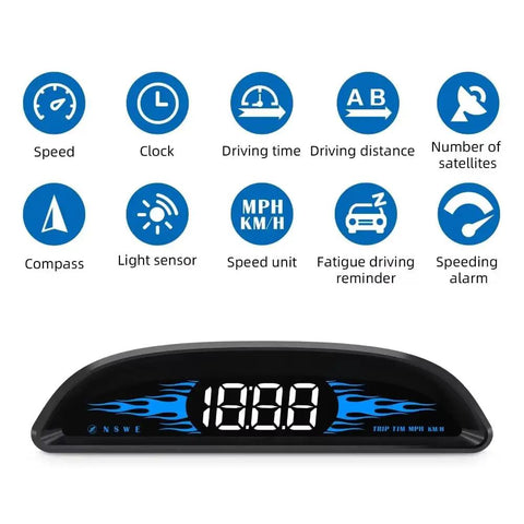Smart GPS Head Up Display With Anti Glare Hd Screen For Chevrolet Volt Bolt Ev Blazer Ev shows speed, clock, driving distance, and other features.