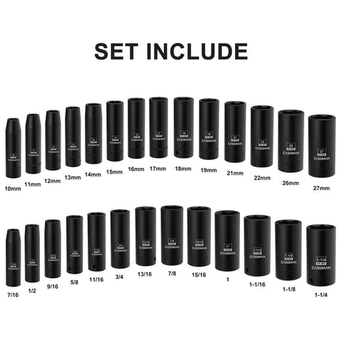 Heavy Duty Half Inch Drive Deep Impact Socket Set 29 Pieces With Metric And SAE Built Tough Chrome Moly Steel Includes Flip Lug Nut Sockets Case And Corrosion Resistant Black Finish
