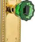 Meadows Plate Crystal Emerald Glass Door Knob Set In Polished Brass For Passage Doors, 2-3/8 Inch Backset, Solid Forged Brass Hardware